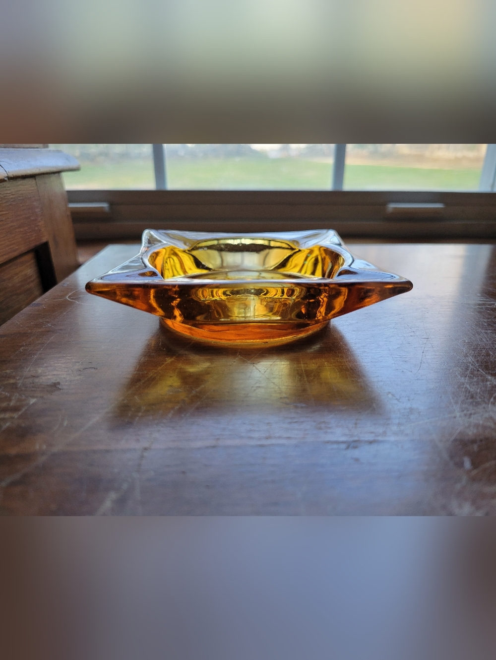 Vintage MCM Amber Glass Square Cigarette Ashtray 4.25" Honey Gold
